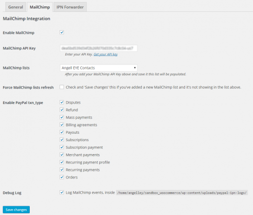 PayPal MailChimp IPN WordPress Settings