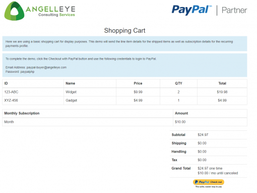 PayPal Express Checkout Shipped + Subscription Combined Demo Kit Shopping Cart