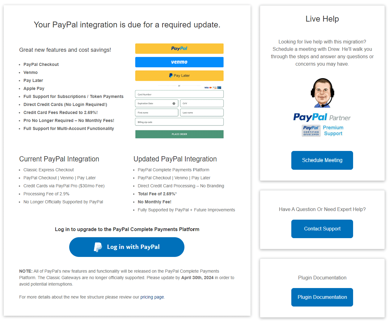 PayPal Complete Payments Upgrade Start Screen